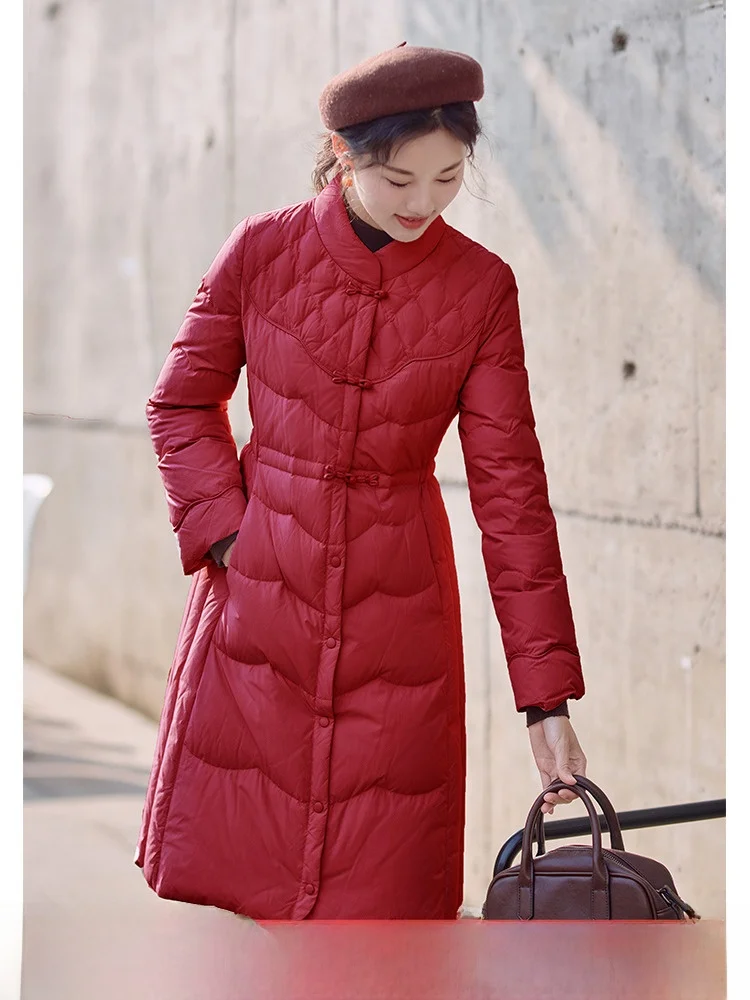 

Красное стеганое женское пальто Jaet средней длины, приталенный дизайн, зима 202, новая элегантная верхняя одежда, пуховое пальто Du, длинный воротник-стойка