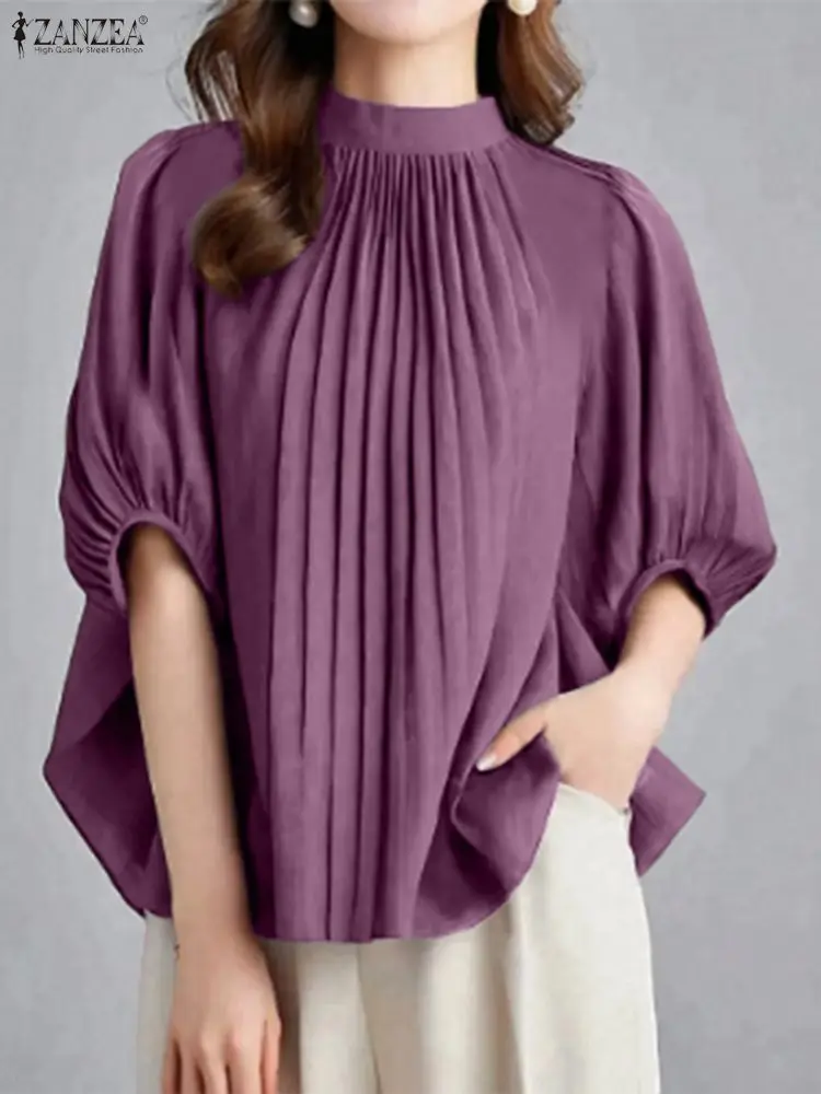 ZANZEA Camicetta elegante a pieghe da donna 2025 Top moda Casual Mezza manica a sbuffo Camicie larghe solide Colletto alla coreana Office Lady Blusas