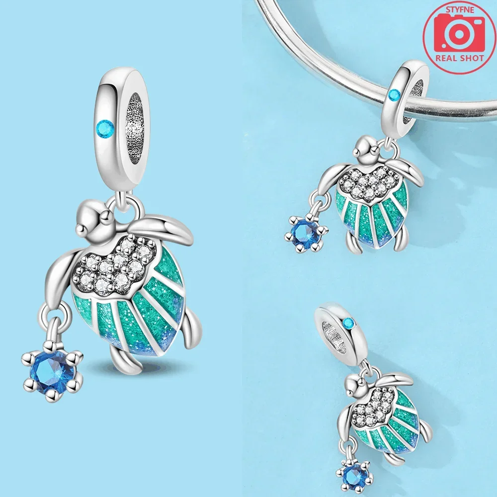Silver-Plated Blue Flower Turtle Charms for Bracelets