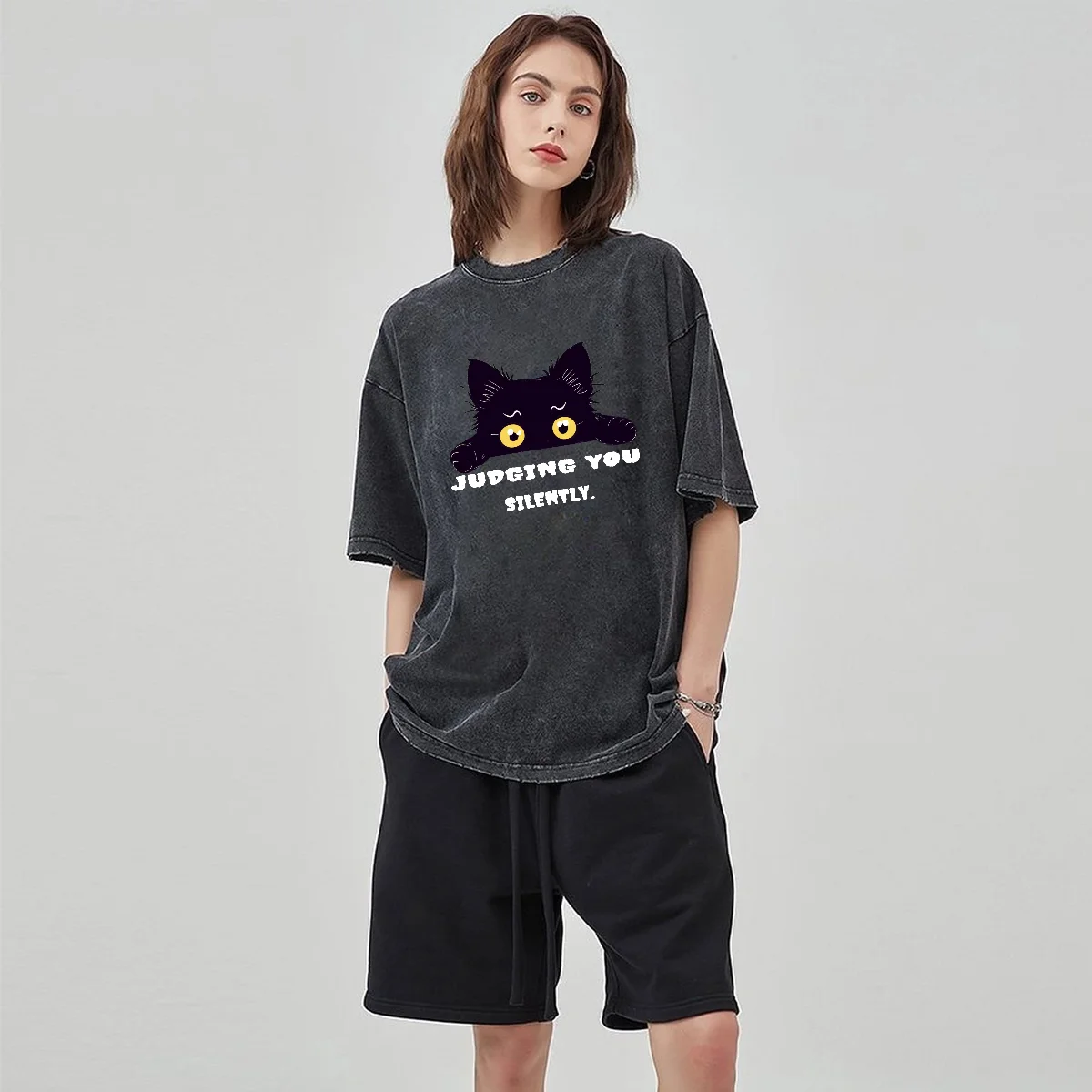 

Men and Women T-Shirts 2024 Summer New Y2K Oversized Black Cat Print Loose Wash Neutral Short Sleeve Casual Hip Hop Cute Outfit