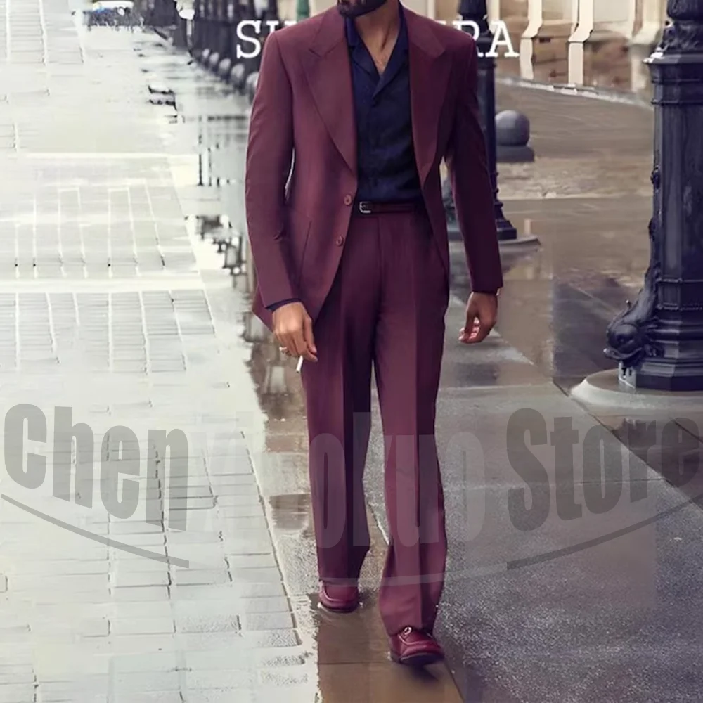 

Мужской бордовый костюм в стиле ретро с широкими остроконечными лацканами в винтажном стиле, элегантная официальная одежда для свадьбы, деловые костюмы из двух предметов