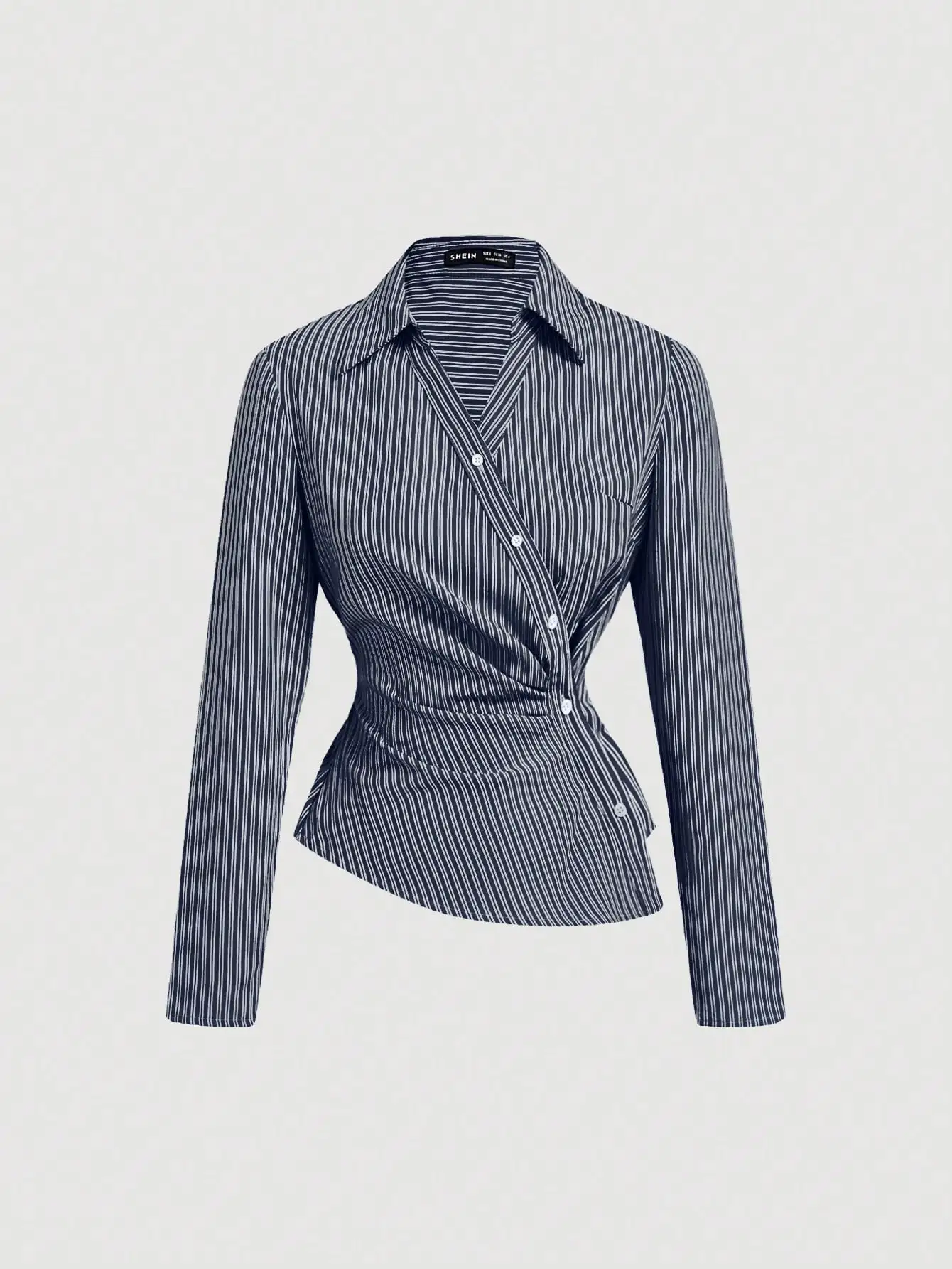

Navy And White Striped Turn-Down Collar Long Sleeve Blouse For Women