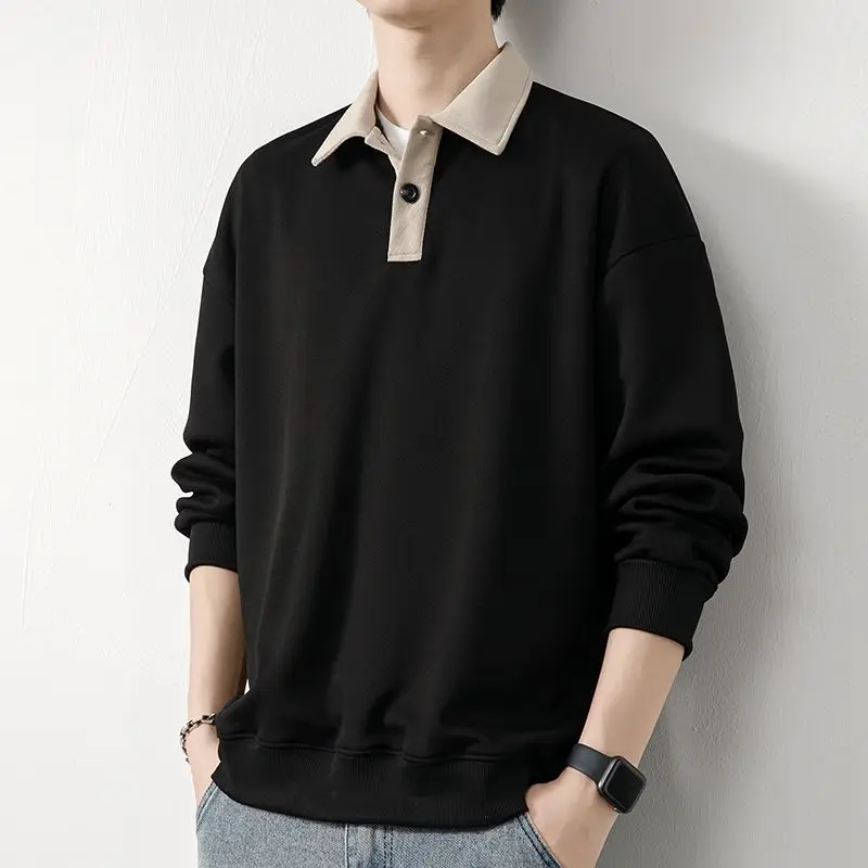 Oversize Versatile European and American Fashion Top Splice Buttons Long Sleeved Simplicity Solid Color Commuting POLO Shirt