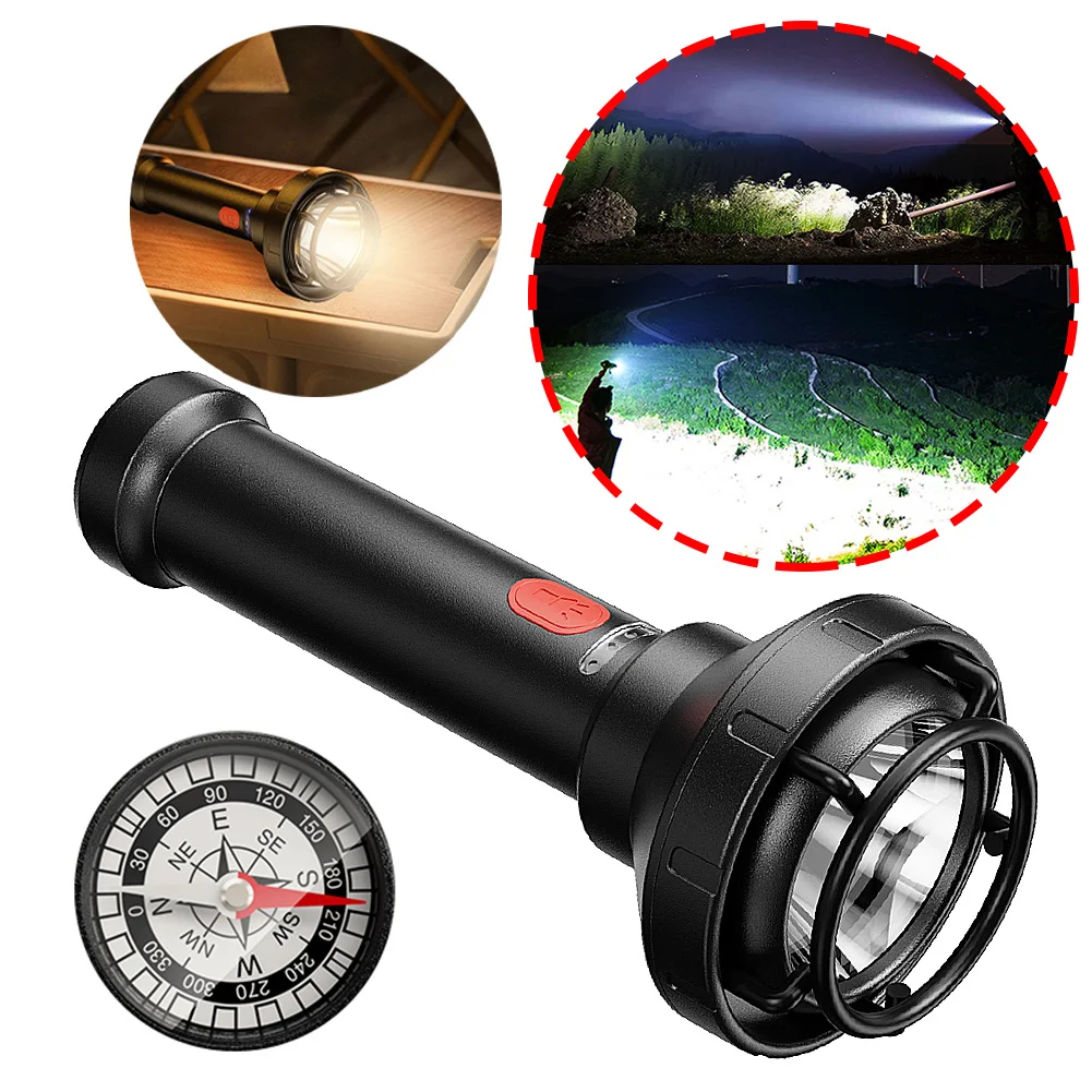 Powerful LED Flashlight with Compass Tactical Camping Lamp USB Charging Super Bright Flashlight Power Display for Camping Hiking