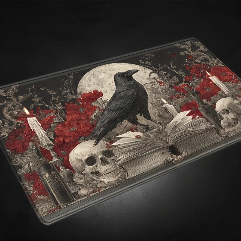 Dark Gothic-style black-and-white skull with red flowers and mysterious magic compatible with RPG and trading card games.