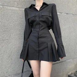 Black Shirt Dress Women Elegant SlimSingle-Breasted Turn-Down Collar Long Sleeve Dress Pocket Pleated High Street Harajuku Shirt