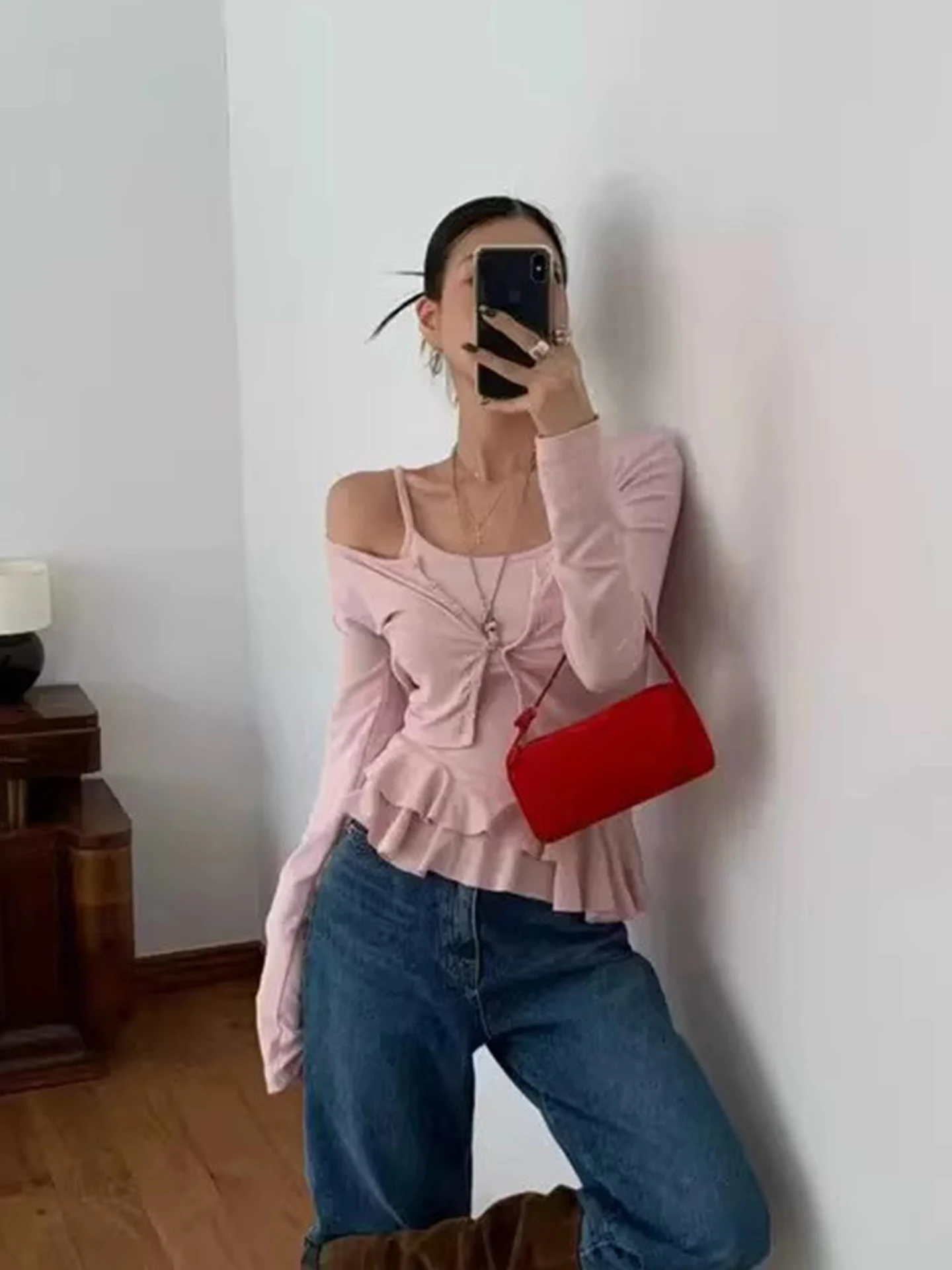 

Модный асимметричный комплект из блузки с кружевной отделкой и кардигана для женщин, весенняя новинка, однотонный костюм-двойка для офиса