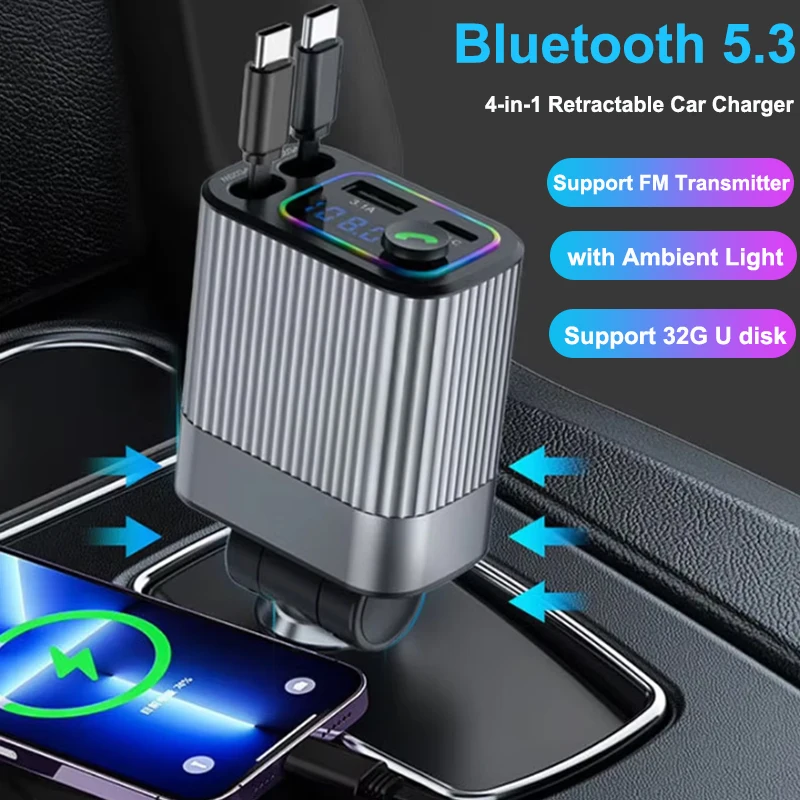 

4 IN 1 Retractable Car Charger Mobile Phone USB PD Type C Cable Bluetooth FM Transmitter For iPhone Fast Charging Adapter