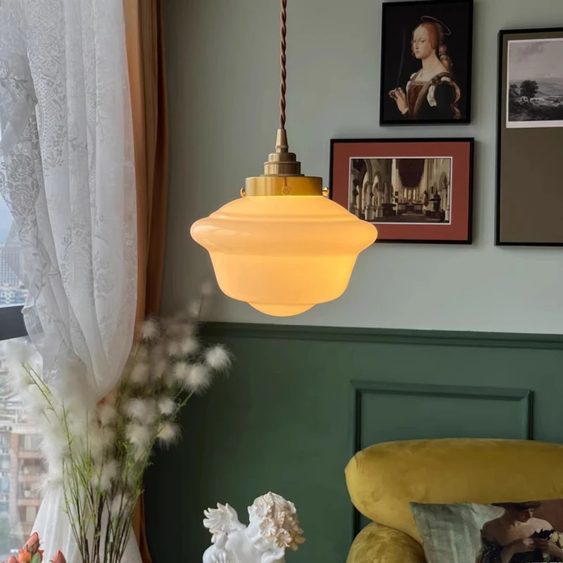

Milky White Glass LED Pendant Light Bedroom Bedside Restaurant Bar Counter Japanese Style Retro Indoor Decor Copper Hanging Lamp