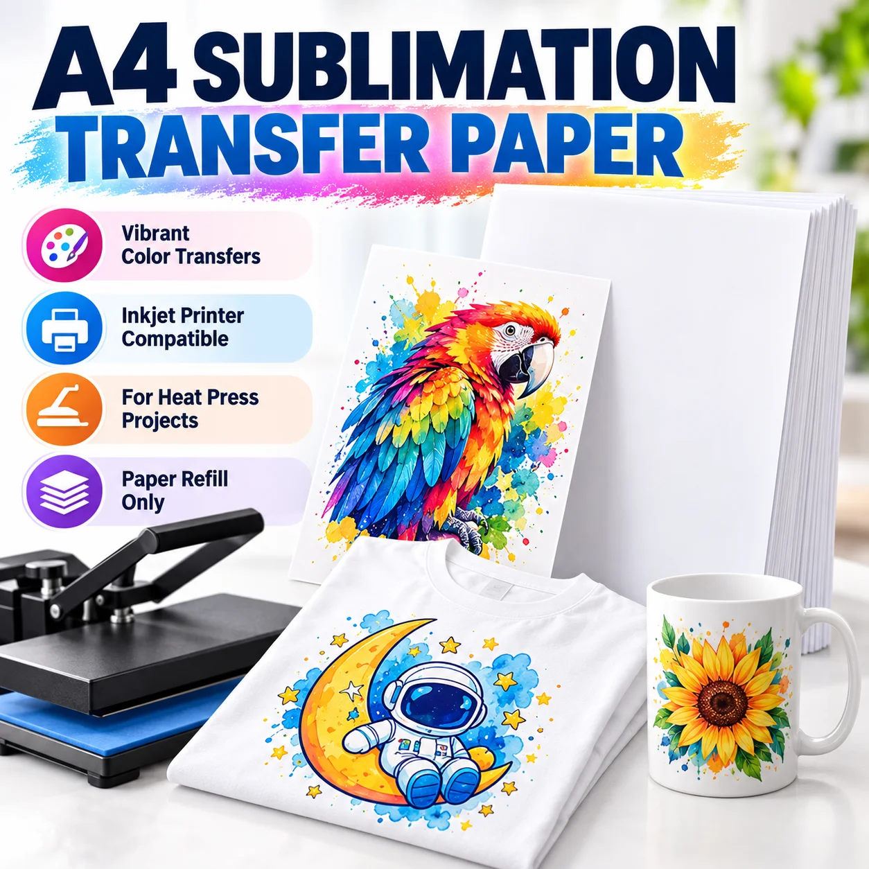 A4 Sublimation Transfer Paper Sheet Fast Dry High Transfer Compatible for Heat Press Printer T Shirt Mug Ceramic DIY Craft