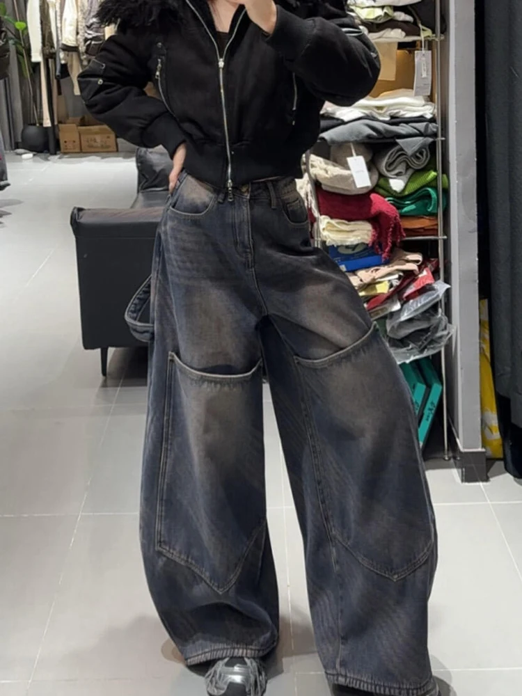 

American Style Spicy Girl Design Large Pocket Denim Jeans Women's Vintage Rinsed Loose Wide Leg Floor-Length Pants
