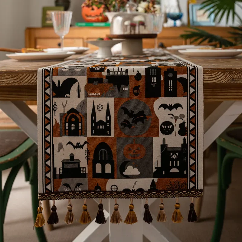 Halloween Decoration Table Runners Skeleton Bat Thanksgiving Pumpkin Tassel Jacquard Home Decor Tablecloth Table Flag Bed Tail