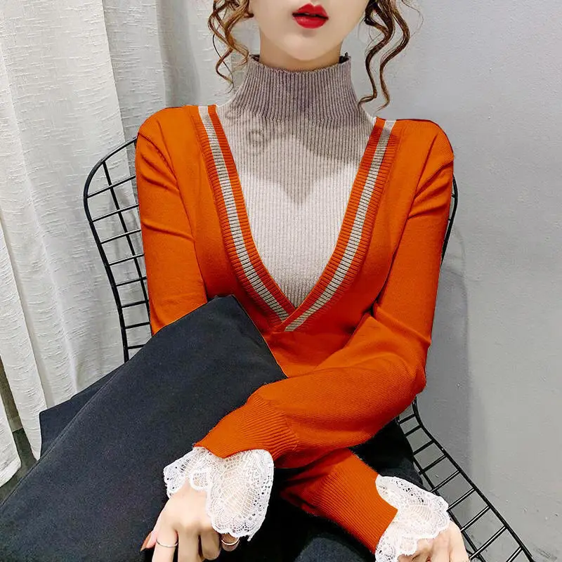 Autumn Winter New Lace Patchwork Bottoming Shirt Fake Two Piece Slim Contrast Knitting Pullovers Vintage Fashion Women Clothing
