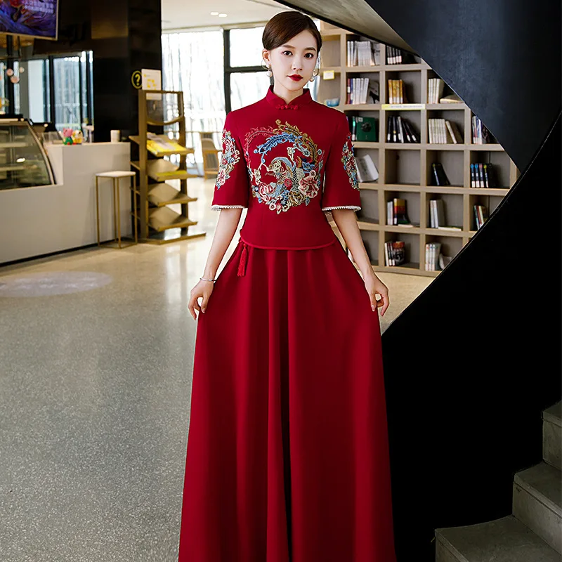 Traditional Chinese Clothing Xiuhe Cheongsams Wine Red Top Set Tang Suit Formal Evening Gown Engagement Wedding Dress For Women