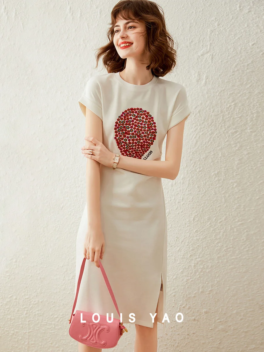 LOUIS YAO 2025 Zomer Pinch Fold Split T-shirt Rok Modieus Borduren Afslanken Lange Rok Korte Mouw vrouwen Jurk