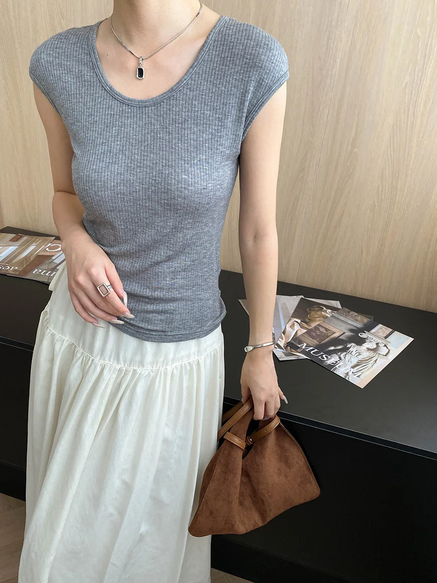 

Summer women's casual solid color round neck slim knit T-shirt