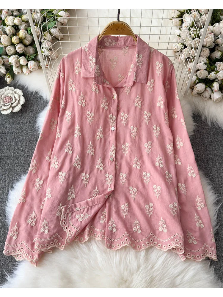 

Women Spring Shirt Korean Version 2025 New High End Hollow Embroidery Flower Sweet Long Sleeved Shirt Loose Collar Top BL079