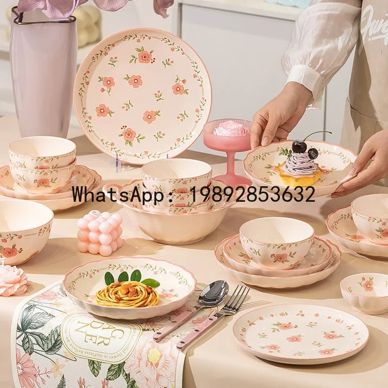 

H5.18 ceramic dishes set pink fresh bowls rice bowl kitchen utensils combination tableware housewarming festive tableware