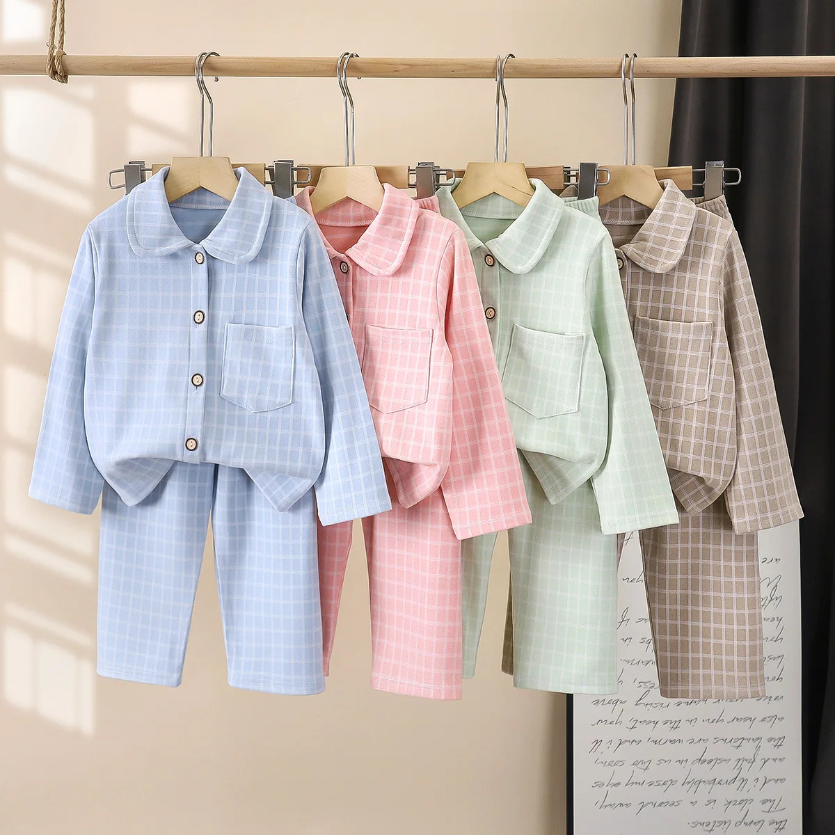 Boys Girls Autumn Pajamas Homewear Kids Casual Plaid Long Sleeve Lapel Shirt with Pants Pyjamas Youth Sleepwear Clothing Sets