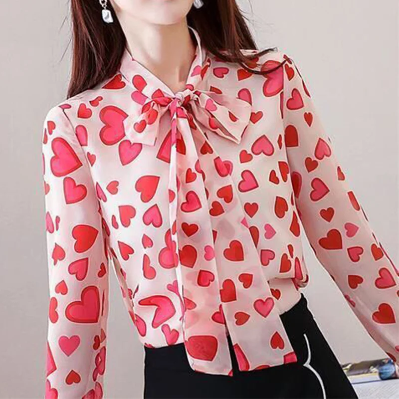 2023 Spring and Autumn New Chiffon Pullover Shirt Scarf Collar Bow Bandage Fragmented Floral Print Long Sleeve Loose Blouse