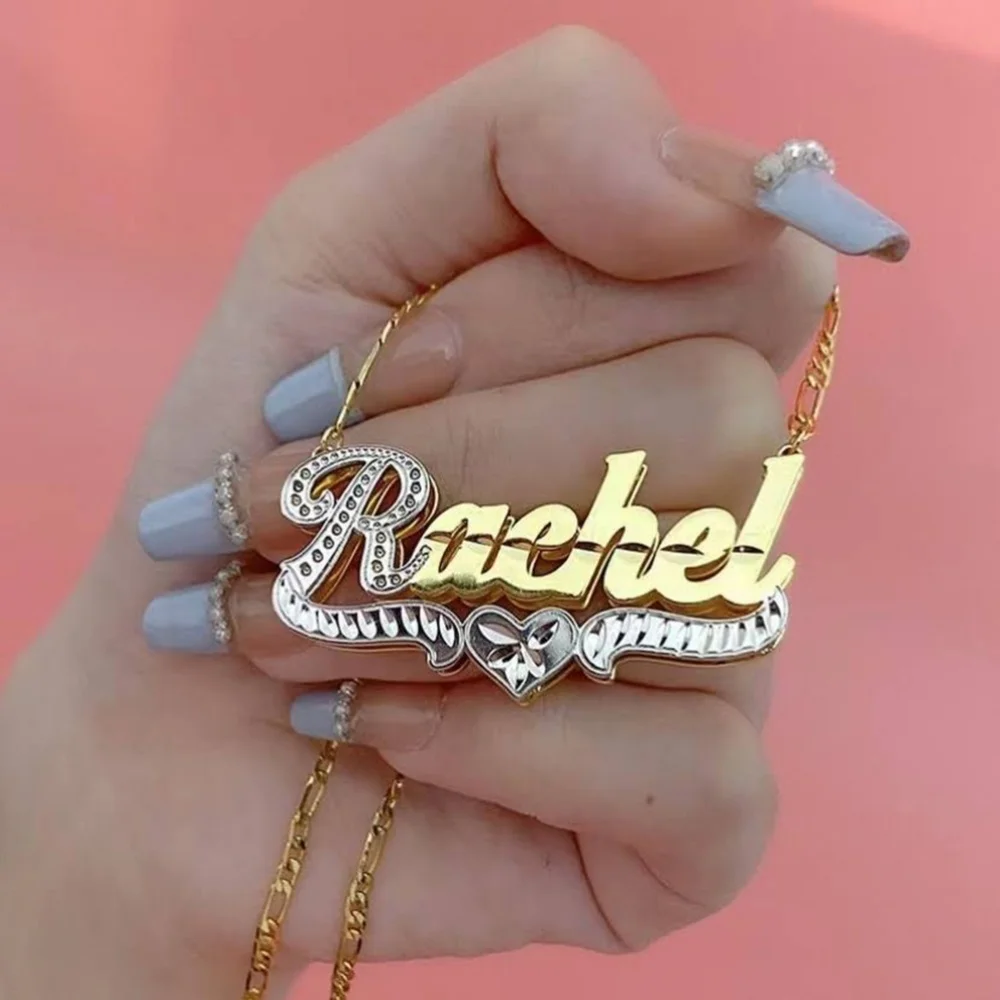 Custom Name Necklace Stainless Steel Double Plate 3D Nameplate Jewelry Bold Necklace Gift for her