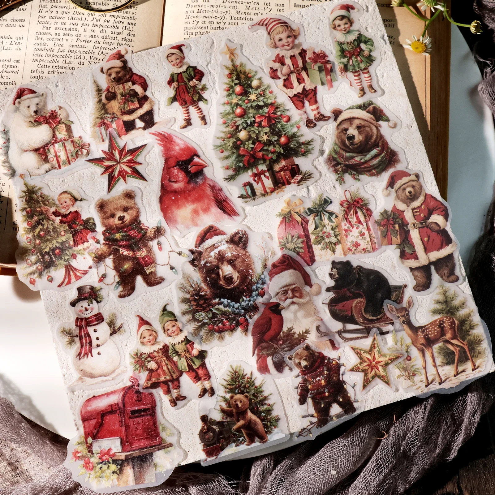 62pcs Vintage Bear Christmas Sticker Pack Animal Sticker Junk Journal Collage Phone Laptop DIY Album Gift Scrapbooking Material