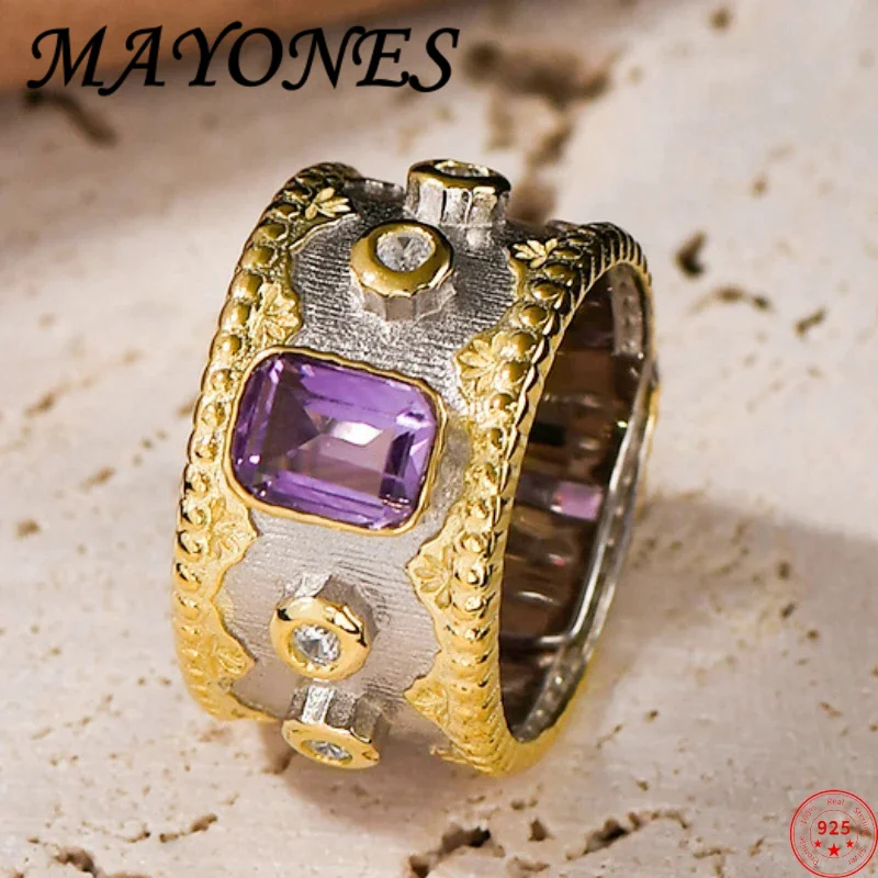 S925 Sterling Silver Rings for Women Men Cutting Surface Amethyst Brushed Golden Edge Palace Style Jewelry