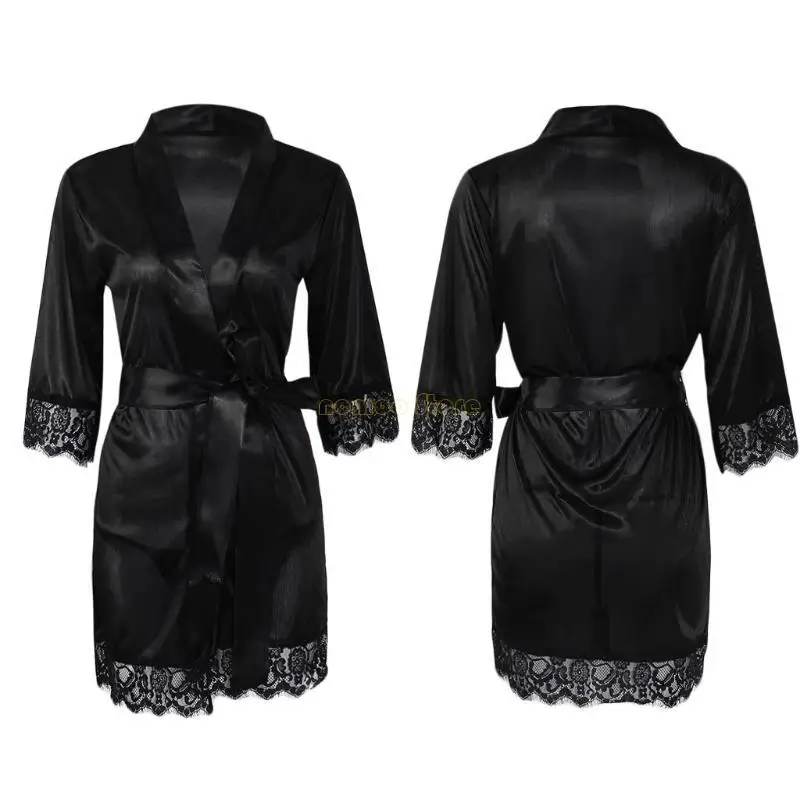 

31BF Women Sexy Wedding Dress Gown Short Ice Silk Bride Robe Lace Kimono