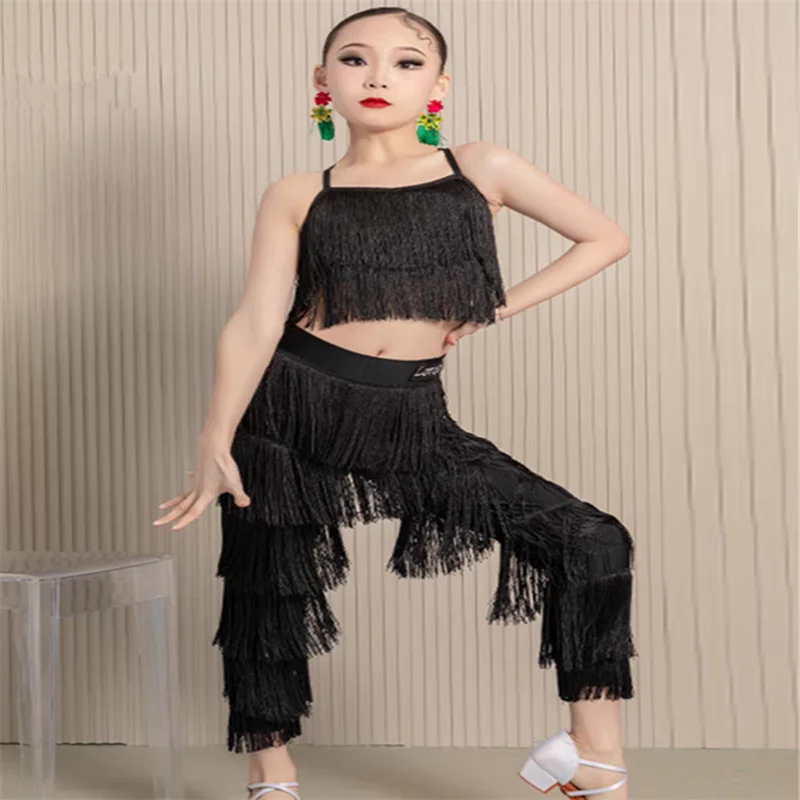 Kids Latin Dance Costumes Ballroom Plus Size Fringe Tassel Dress Pants Girls Sequin Salsa Samba Children Stage Outfits Costume