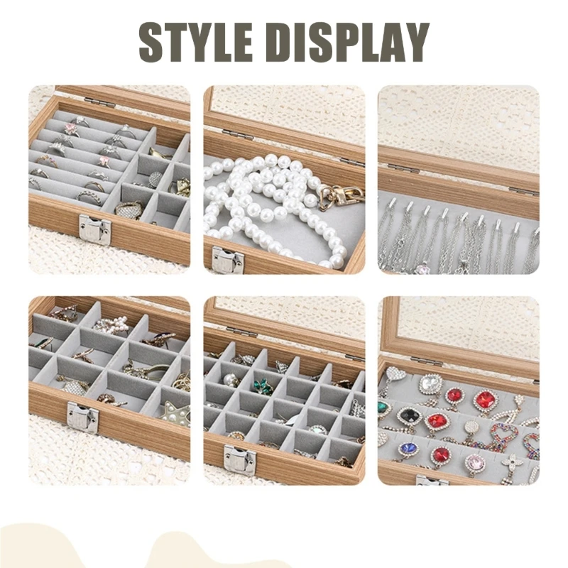 

652f Jewelry Box для женщин деревянные кольца кольца Организация с пылепроницаемой крышкой для энтузиастов моды