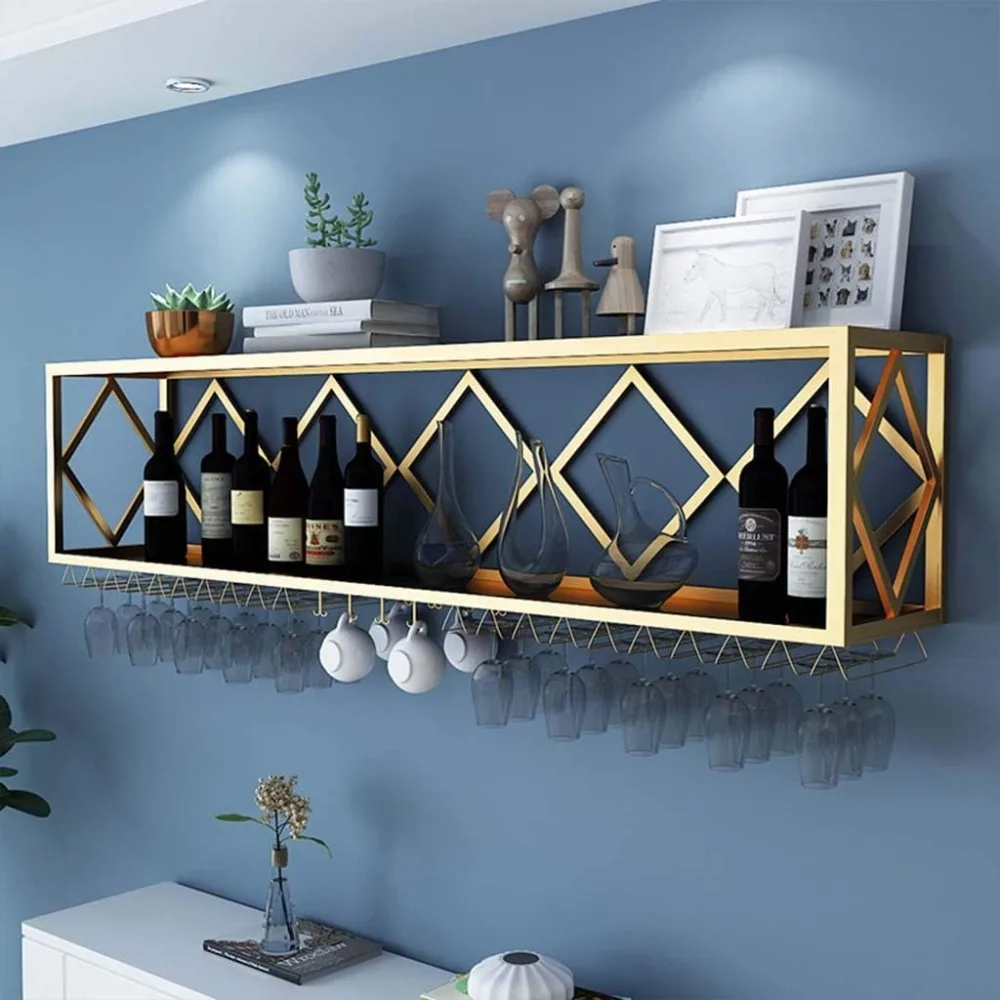 

Bar Unit Floating Shelves Wall-Mounted Wine Racks Inverted Wine Glass Rack Multifunctional Iron Bottle Holder Simple Hanging