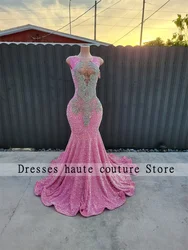 Pink Sequins Mermaid Prom Dress 2026 For Black Girl Glitter Beads Crystals Rhinestones Diamonds Birthday Party Dress Customized