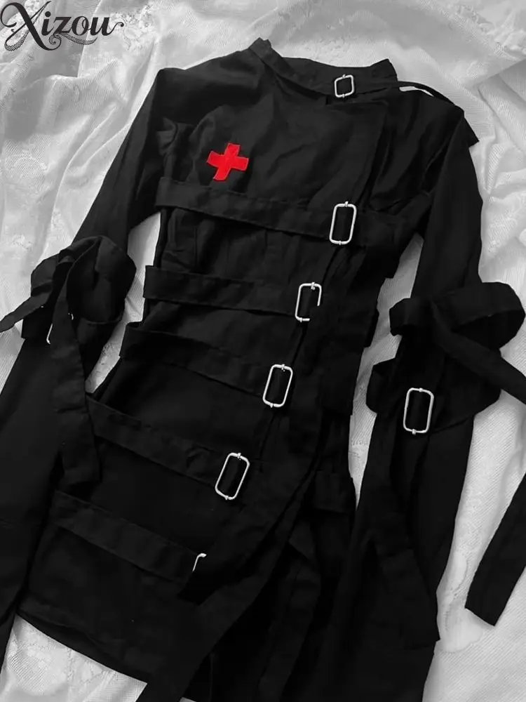 Y2K Gothic Moto Black Strap Jacket Red Cross Embroidery Metal Buckle Bandage Design Japanese Alt Vintage Outerwear Autumn 2026 - view 3