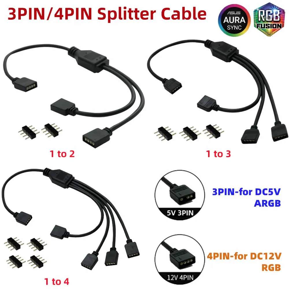 Cable divisor negro de 30CM, 3 pines, 4 pines, conector de 1 a 2/3/4 vías, DC5V, 3 pines, ARGB, DC12V, 4 pines, RGB, Aura, sincronización para refrigeración de ventilador de PC