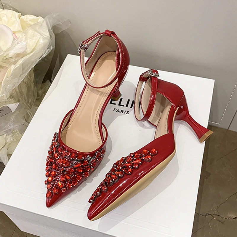 

Eilyken Street Style Patent Leather Pointed Toe Woman Pumps Elegant Buckle Strap Thin High Heels Party Stripper Shoes