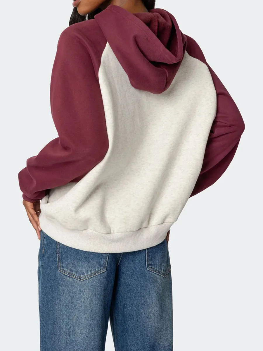 المرأة القوس هوديي كم طويل التباين اللون راجلان الخريف عارضة البلوز مقنعين البلوز