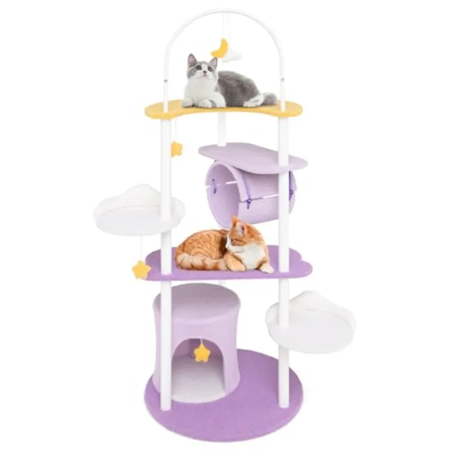 

62 Inch Multi-Level Cat Tree with Metal Frame Moon-Shaped Top Perch Jumping Platforms Tunnel Hanging Toys Purple Indoor Cat Con