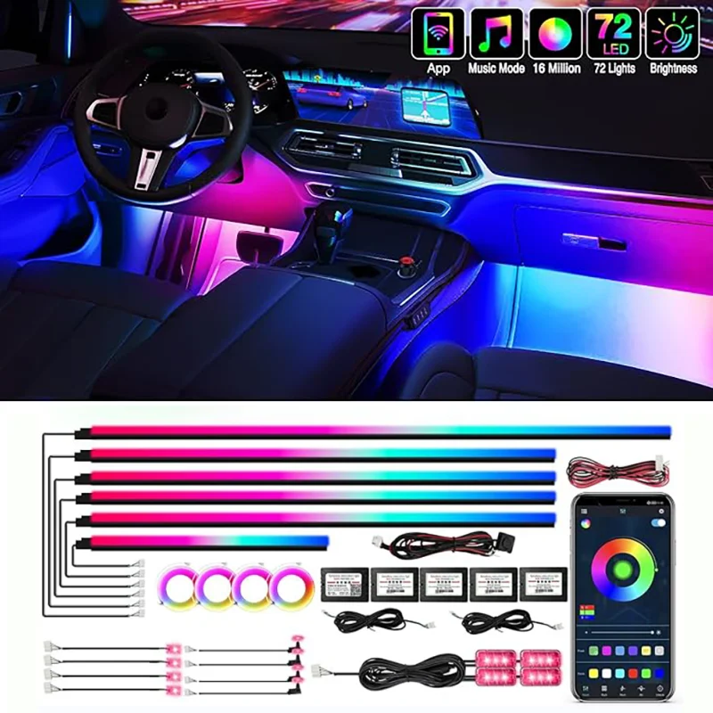 

22 In1 Full Universal Symphony Car LED Ambient Lights Decoration Atmosphere Lamp 64 RGB Colorful Streamer Rainbow App Control