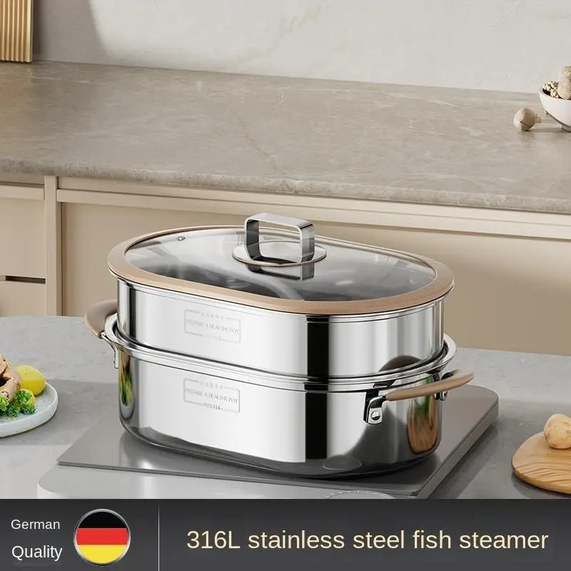 316 stainless steel fish steamer household oval multi-function thickeneded single-layer double-layer steamer electromagnetic gas universal