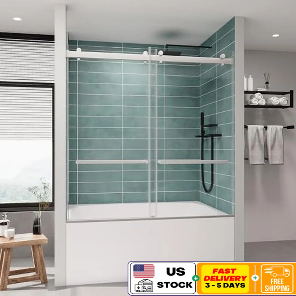 Frameless Double Sliding Tub Shower Door 56-60 x 60 Tempered Glass Stainless Steel Hardware Water Retaining Strips Easy to Clean