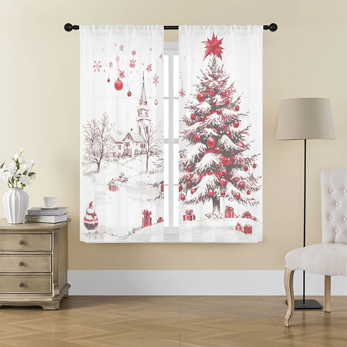 2PCS Christmas Winter Sheer Curtains, Snow Village Tree Gift Box, Digital Print, Bedroom Living Room, Rod Pocket, Home Decor