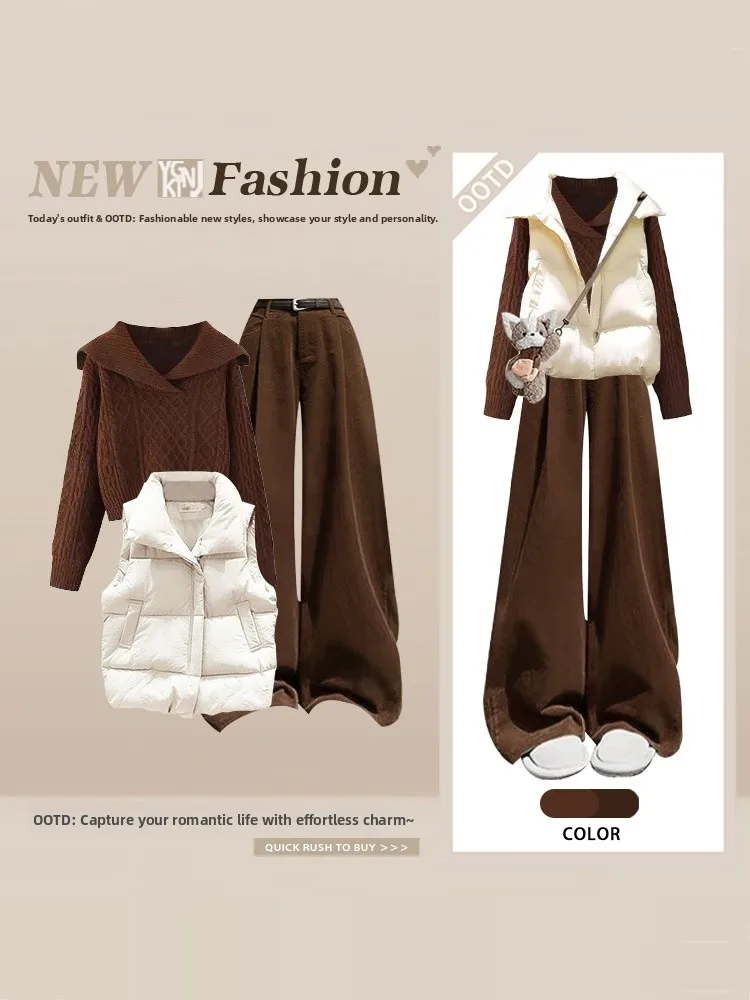 Conjunto informal de talla grande para otoño e invierno, suéter de punto rojo para mujer, chaleco Jaet de algodón, prendas de vestir exteriores, pantalones de pierna ancha, conjunto de camiseta