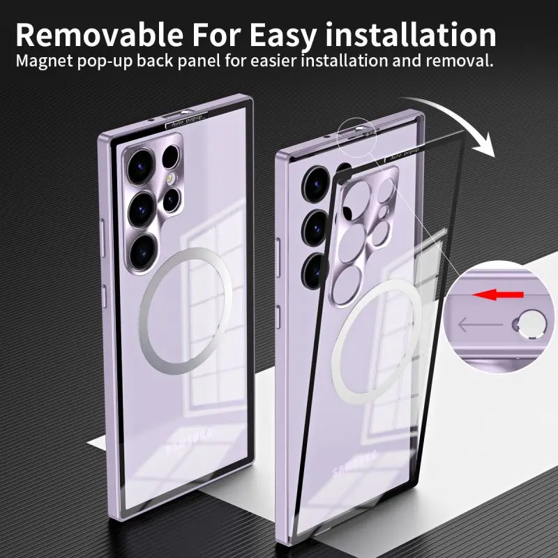 HD Clear PC Back Aluminum Alloy Metal Case For Samsung Galaxy S23 S22 S24 Ultra Metal Magnetic Wireless Charging