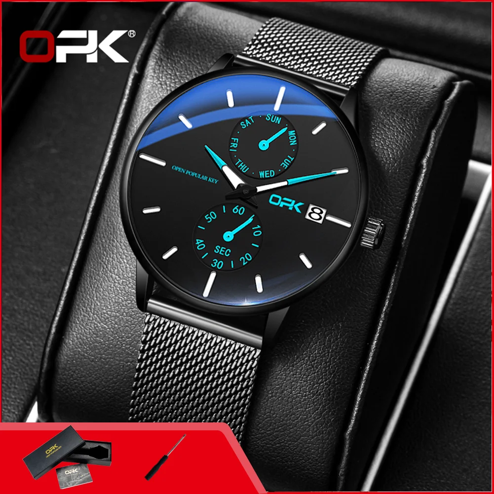 

OPK 8116 Fashion Original Quartz Watch for Man Waterproof Luminous Steel Mesh Strap Date Week Man Wristwatch