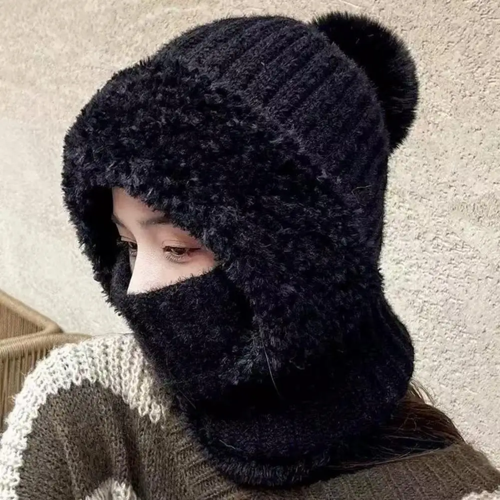 Ear Protection Winter Hat Flexible Adjustable Face Guard Hat Thickened Fleece Layer Scarf Plush Ball Decor Winter Warm
