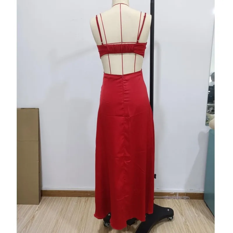 Robe longue en Satin rouge pour femmes, en soie ajourée, sans manches, col bénitier, Vintage, Sexy, froncée, soirée, plage