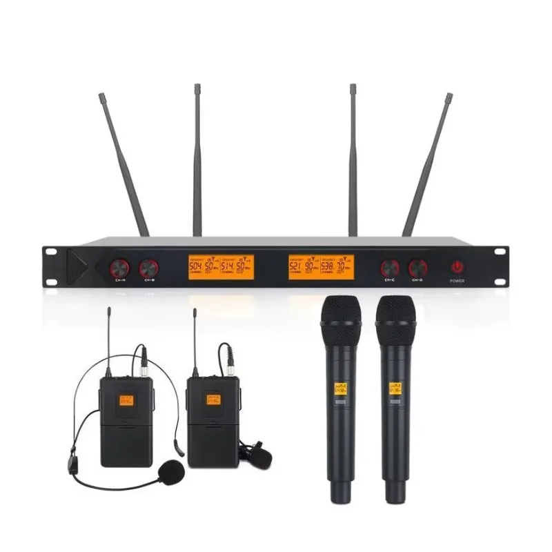 Four-Channel UHF Wireless Microphone System 2 Handheld 2 Wireless Microphones Professional, Noise Reduction Performance Mic