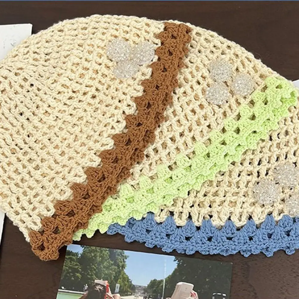 Gorro informal hecho a mano con flores de ganchillo, gorros finos de estilo bohemio, gorro de punto calado de estilo étnico coreano para exteriores