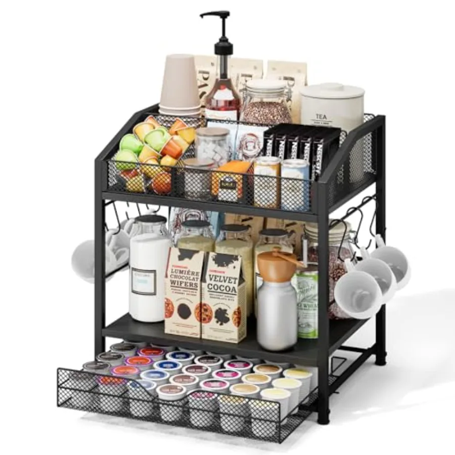 

Органайзер для кофейной станции - Настольная подставка для кофе на 42 капсулы K-Cup с корзиной для хранения, выдвижным ящиком и крючками для сиропов, чашек и мешалок