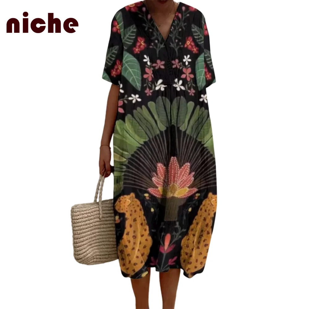 Ladies Dress Retro Flower Graphic Printing High Quality Soft Fabric Loose V-Neck Trend Fashion 2024 New Beach Long Skirt